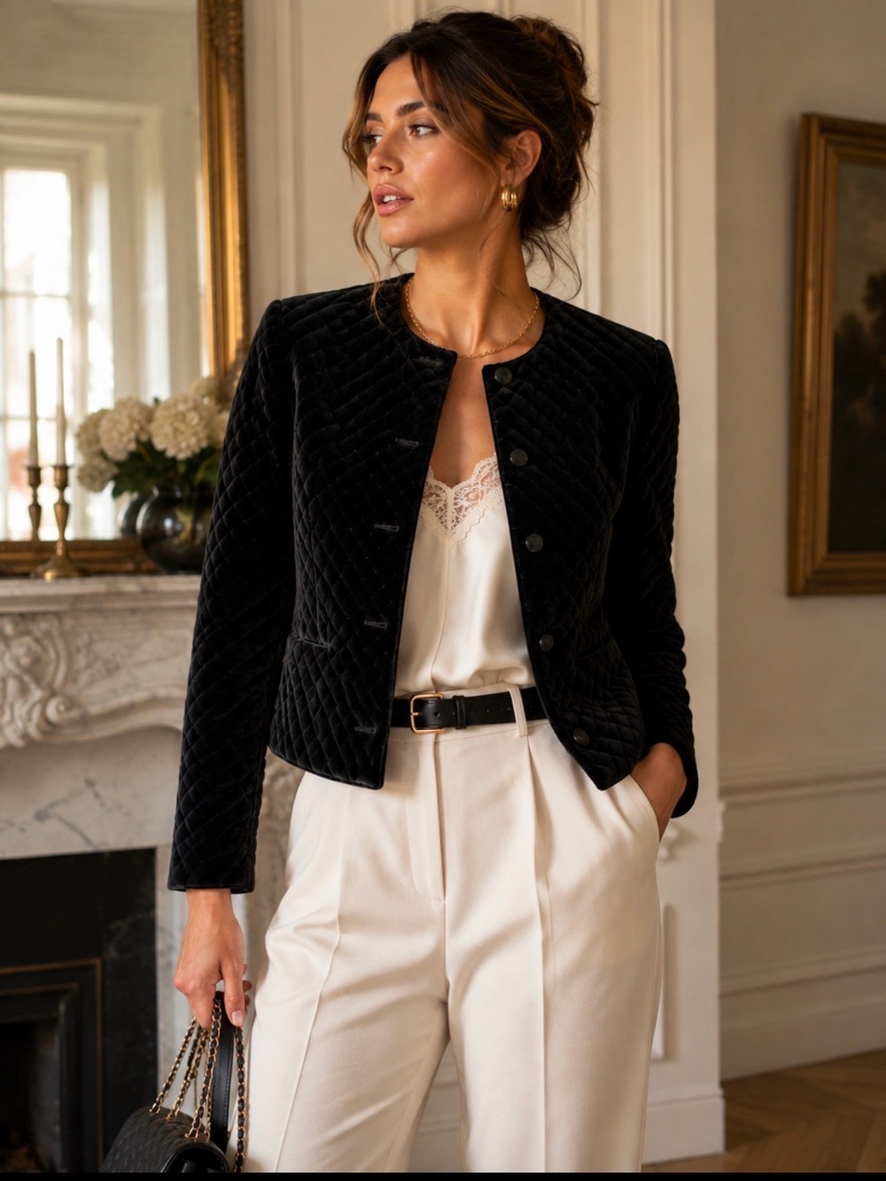 Vintage Herman Geist Black Quilted Velvet Cropped Jacket Size 8 Made USA